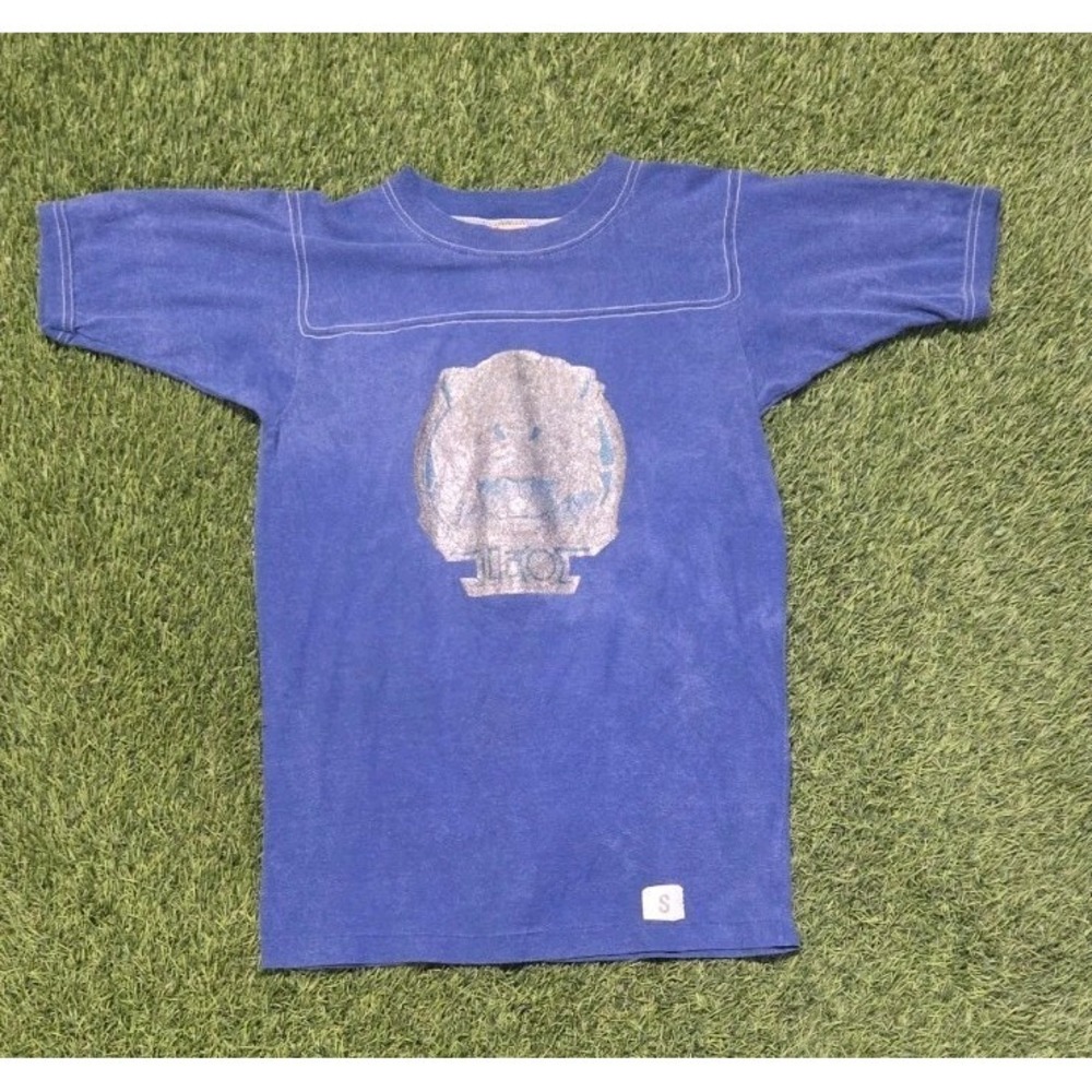 Vintage 70s 80s T PLUS Single Stitch Football T Shirt S Blue Glitter Lion Greek